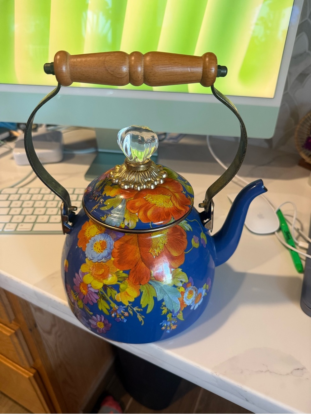 MacKenzie-Childs Blue Floral Teakettle with Wood Handle